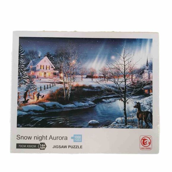 Snow Night Aurora 1000 Piece Jigsaw Puzzle She Shed, Snow Scene, Deer, Pond - Picture 1 of 4